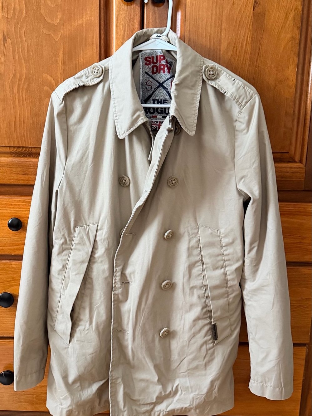 Superdry Men's Light Beige Double-Breasted Trench Coat